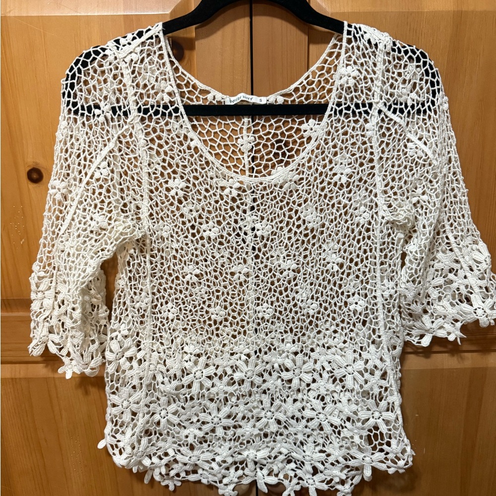 Breeze Ever Boho Crochet Lace Top Small Ivory Floral Sheer Festival Blouse